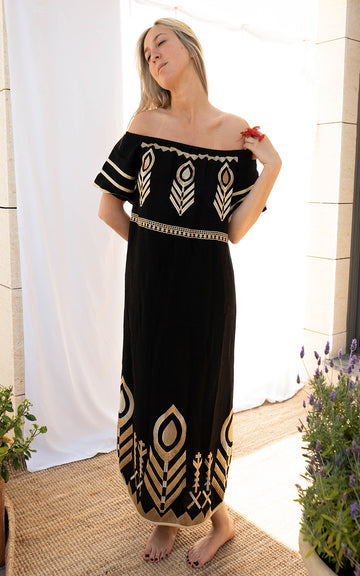 VESTIDO FEATHER STRAPLESS BLACK GOLD