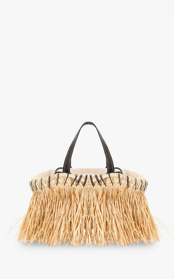 MINI RAFFIA BASKET WITH LEATHER HANDLE BLACK