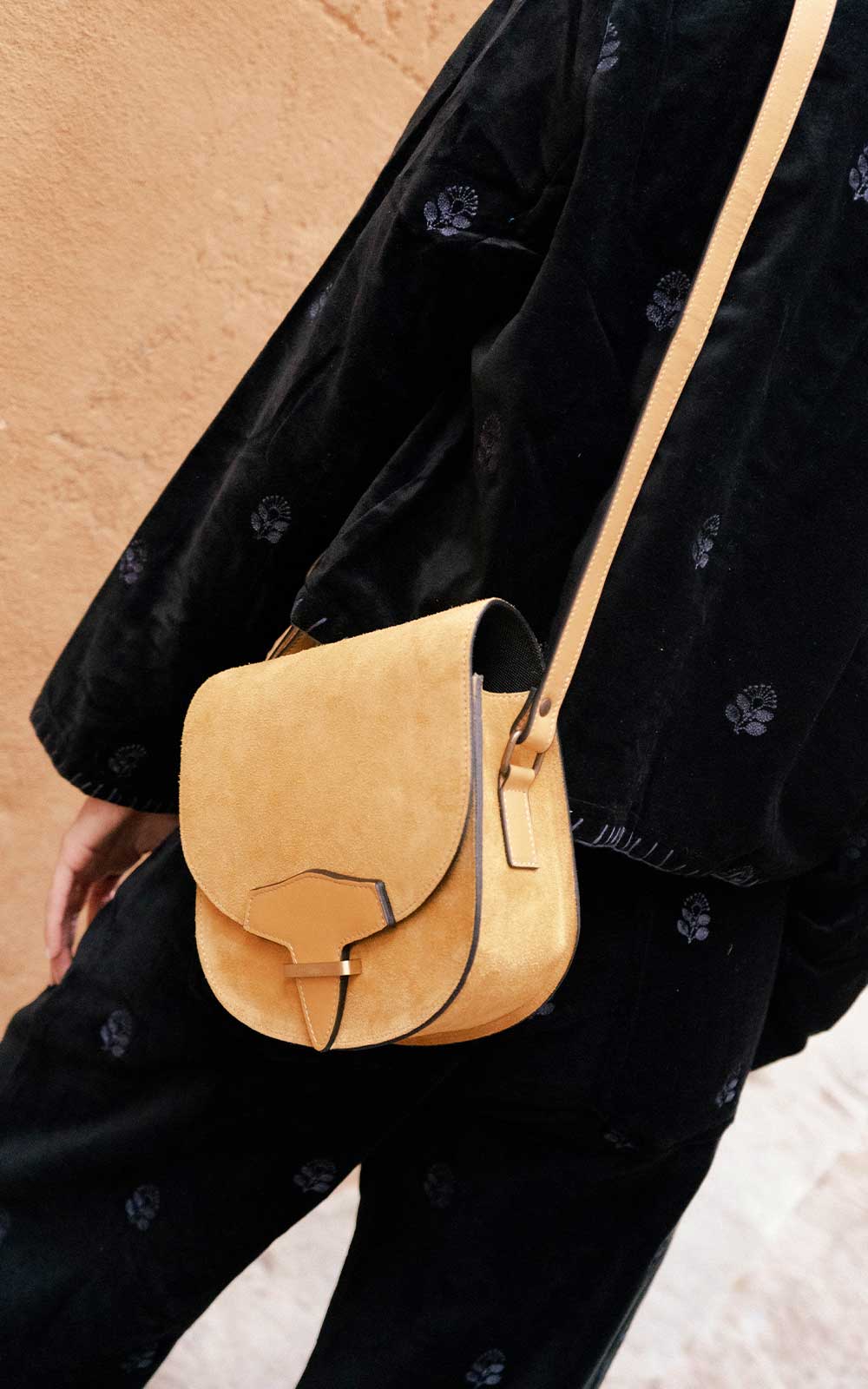 Half Moon Mustard Suede Bag