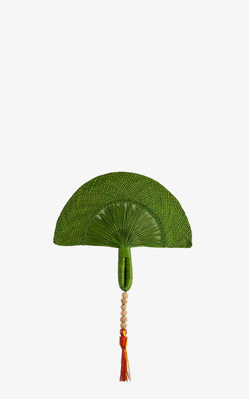 ABANICO DE IRACA OLIVA CON GUACAMAYO