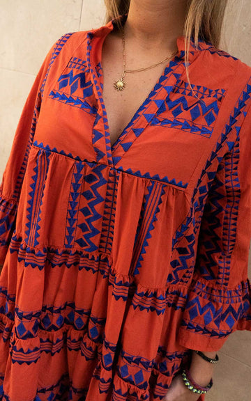 Short Greek Rhombus Dress Terracotta Blue