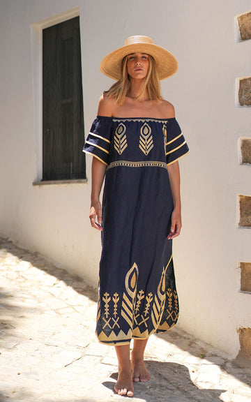 VESTIDO FEATHER STRAPLESS NAVY GOLD