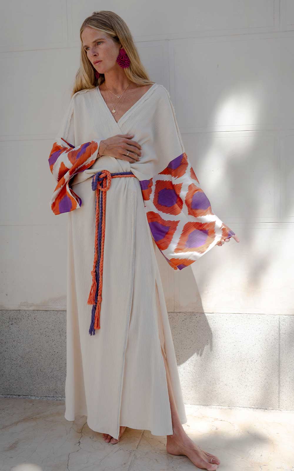 VESTIDO KAFTAN BLANCO NARANJA