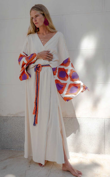 WHITE ORANGE KAFTAN DRESS