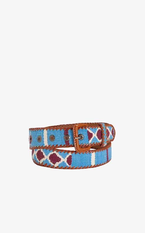 Light Blue Ethnic Belt with White Rhombuses