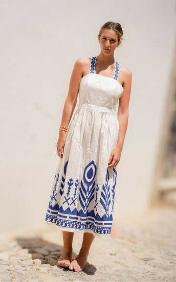 VESTIDO FEATHER OPEN BACK WHITE BLUE