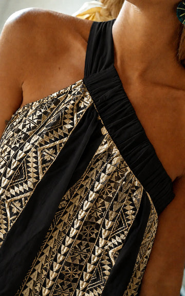 VESTIDO GODDESS MAXI TRI SHOULDER BLACK GOLD