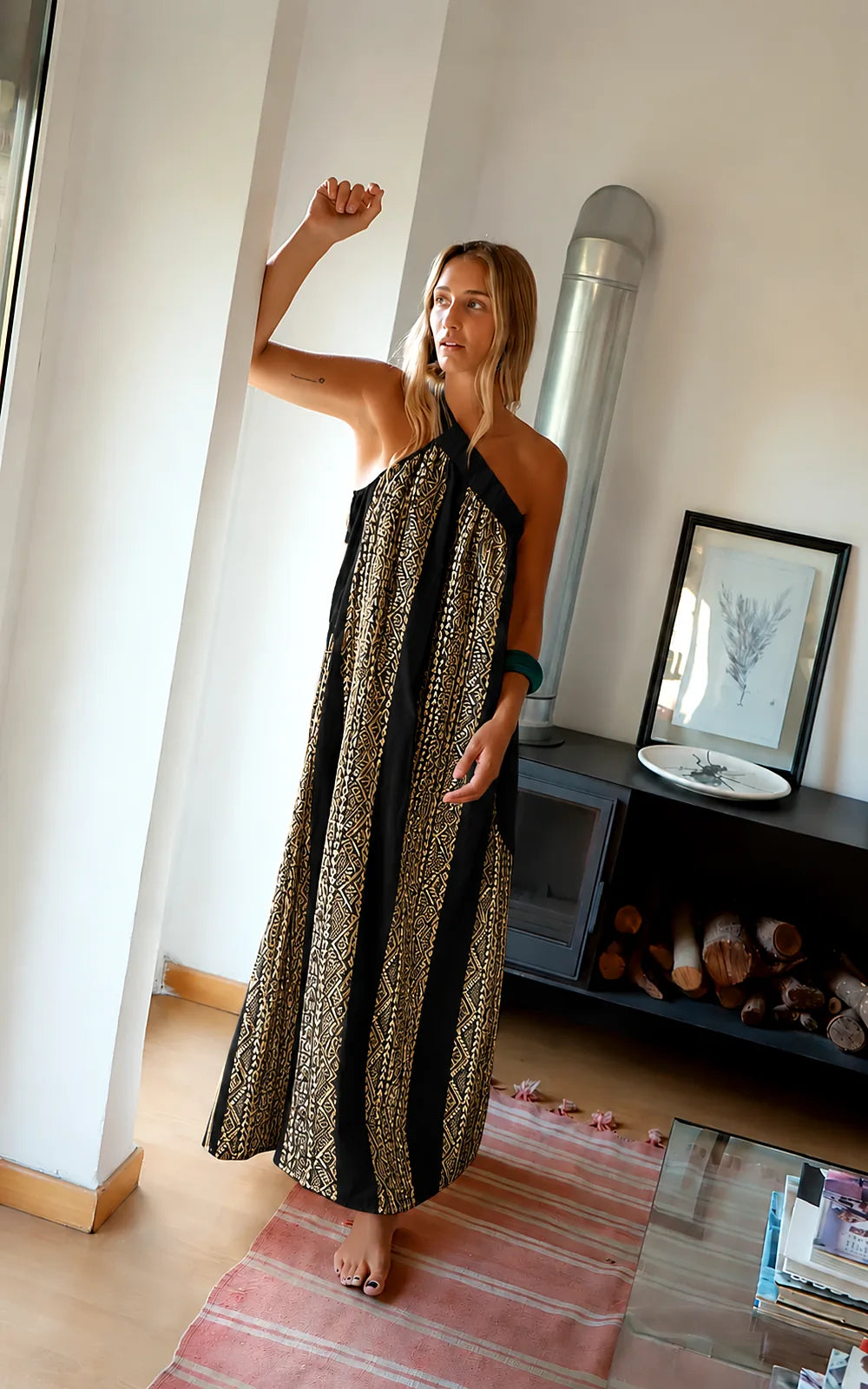 VESTIDO GODDESS MAXI TRI SHOULDER BLACK GOLD