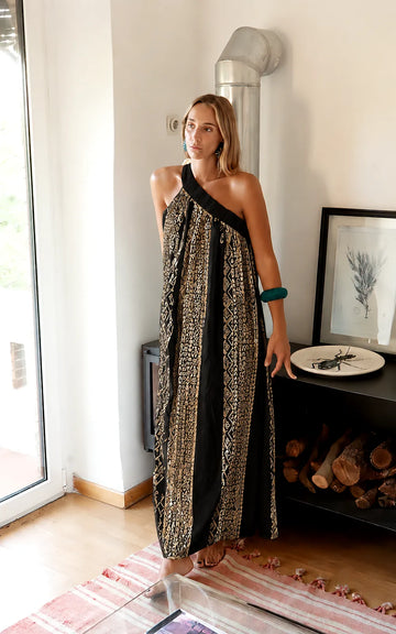 GODDESS MAXI TRI-SHOULDER DRESS BLACK GOLD